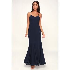 Lulus Spaghetti Strap Chiffon A-Line Maxi Formal Dress Navy Size Small 0625A